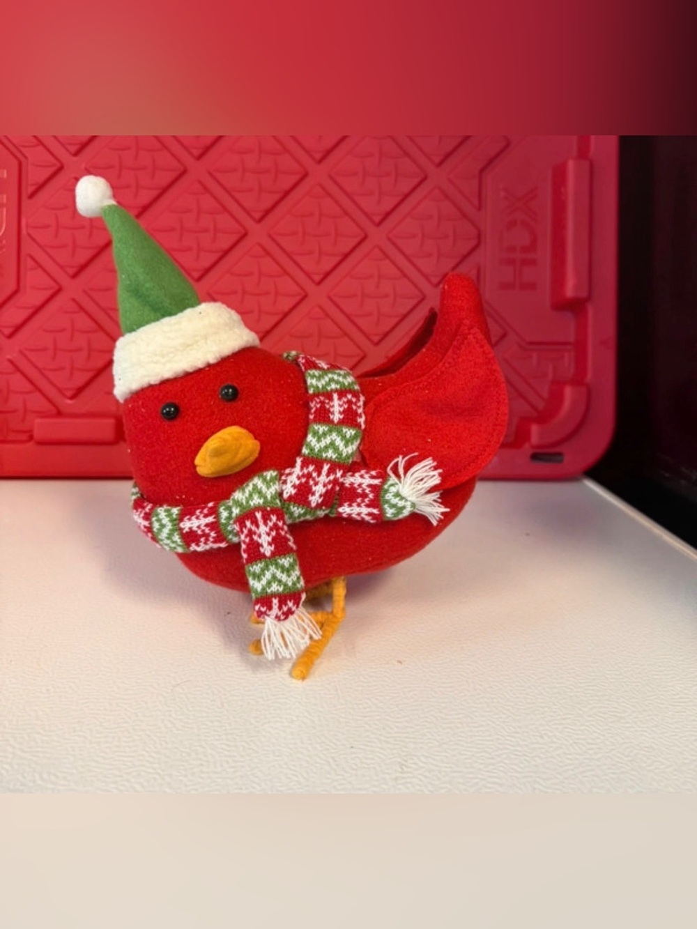 Festive Red Plush Holiday Bird with Green Hat and Scarf